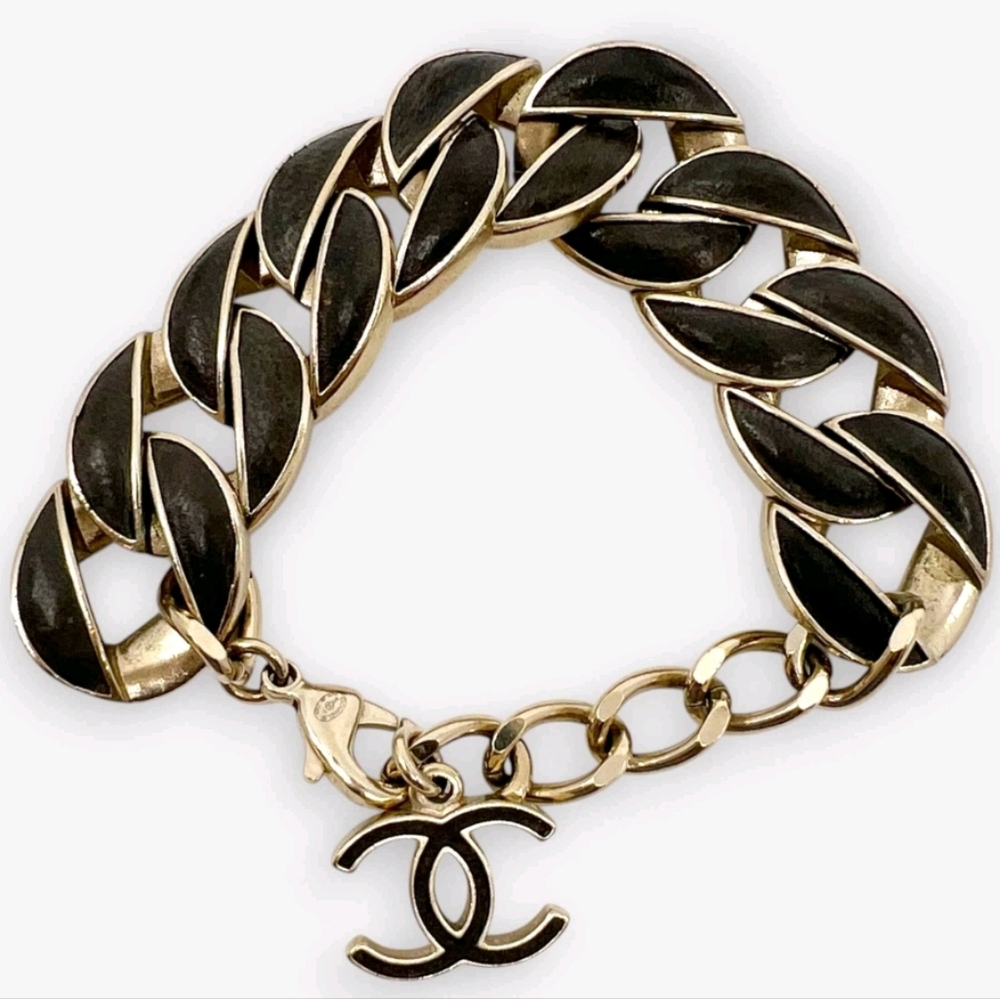 Authentic CC CHANEL Signed Kihei LINK Brown Leather STEEL COLL. BRACELET
